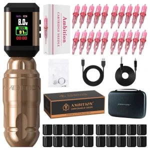 Lutin 3.5 4mm Stroke Direct Drive Professional Rotary Tattoo Pen Machine with 20pc Cartridge Needle and Disposable Grip
