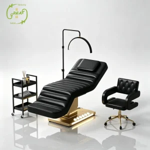 Luxury Black Gold Beauty Salon Furniture Set 3 Motor Electric Massage Cosmetic Bed Adjustable Eye Lash Facial Bed With Lamp