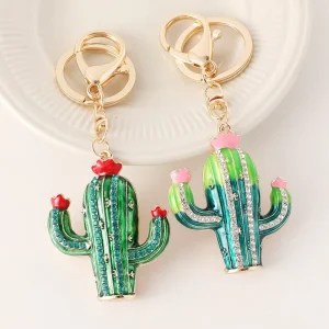 Luxury Bling Cactus Keychain Rhinestone Diamond Car Keyring Cute Plant Bag Charm Pendant for Girls Women Fashion Jewelry