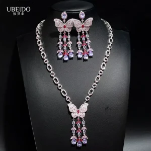 Luxury Butterfly Zircon Necklace and Earrings Set for Women Elegant Crystal Jewelry for Wedding Party Evening Gown