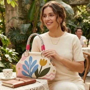 Luxury Floral Artisanal Knit Tote Bag Hand Woven Top Handle Soft Structured Body Custom logo Gift Box Women Boutiques