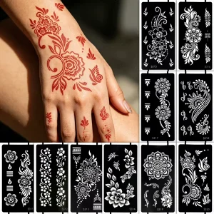 Luxury Mandala Flower Henna Tattoo Stencil Lace Mehndi Template Self Adhesive Hollow Body Art Decal for Hands Legs Painting DIY