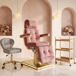 Luxury Pink Velvet Electric Facial Chair Gold LED Base Reclining Lash Tattoo Beauty Bed For Salon Spa