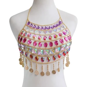 Luxury Sexy Body Chain for Vacation Various Shape Gems with Metal Bra Bikini Gold Plated Belly Jewelry for Parties