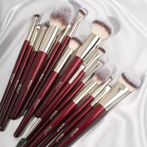 Luxury Vegan Hair Makeup Brush Set 15pcs Burgundy Red Wood Handle Customization Foundation Powder Blush Brushes Kit