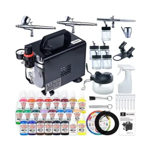 MEEDEN Airbrush Kit with Compressor 3 Dual Action Airbrush Guns with 24 Airbrush Paints(30 Ml 1 Oz)