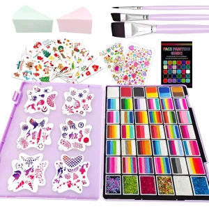 MEISHANG CE Water Based Washable Non Toxic Complete Face Painting Kit 64 – 108 PCS for Kids Includes Stencils Brushes Split Cake