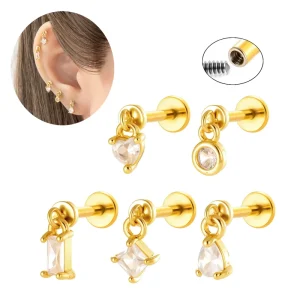 Maina New Barbell Style Ear Lip Stud Geometry Heart Zircon Dangle Cartilage Earlobe Earrings Tragus Labret Piercing Jewelry