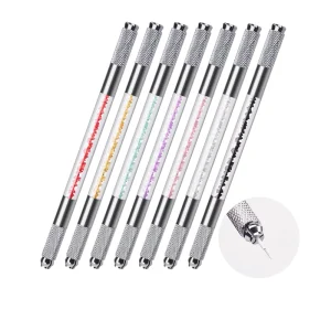 Manual Double-Head Crystal Acrylic Tattoo Pen with Fog and Round Needles for Microblading Permanent Makeup