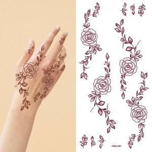 Maroon Both Hands Mehndi Rose Design Henna Art Sticker Water Transfer Waterproof Non Toxic Eco Friendly Tattoo