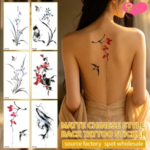 Matte Chinese Style Temporary Tattoo Stickers Ink Wash Floral & Koi Fish Large Back Body Art Tattoos for Women