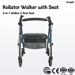 Medical 4 Wheel Rollator Walker With Seat Backrest Underseat Bag Height Adjustable for Elderly Mobility Aid