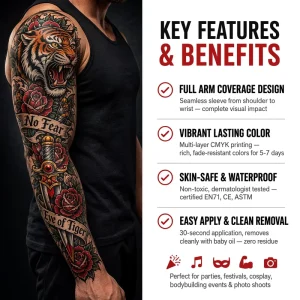 Men Full Arm Sleeve Temporary Tattoo Sticker Black Realistic Waterproof Long Lasting Body Art Custom Tattoo Sticker