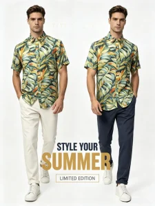 Men’s 100%Lyocell Short Sleeve Painting Leaf Print Breathable Casual Button Down Shirts Summer Vacation Beach Holiday Wear