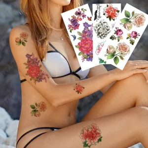 Men’s and Women’s Black Colorful Leg Arm Shoulder Traditional Rose Tribal Tattoo Stickers