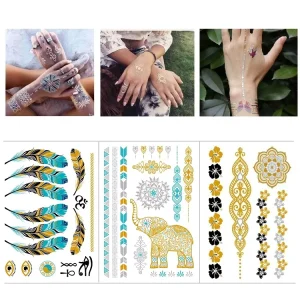 Metal Gold Foil Silver Tattoo Sticker Waterproof Mehndi Temporary Tattoos Sticker Golden Chain Necklace Body Art