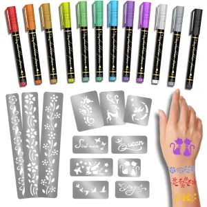 Metallic Temporary Tattoo Markers with Stencils for Skin Body Art Kids Adults Cosmetic Pens for Parties Halloween School Events