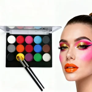 Mineral Body Art Makeup Kit for Kids & Adults 15 Easy Wash Water Based Paint Colors & 2 Brushes