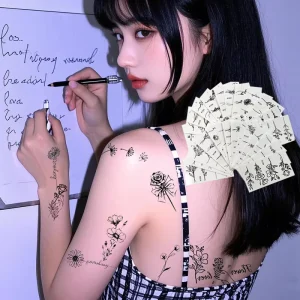 Minimalist Sketch Floral Tattoo Sticker Black-and-White Line Rose Waterproof Chic