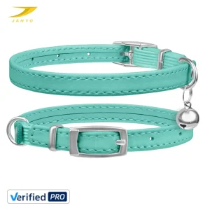 Mint Green Soft PU Leather Cat Collar With Removable Silver Bell Adjustable Metal Pin Buckle Lightweight Pet Collar