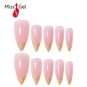Miss Gel 32PCS Nude Pink Press on Nails Long Stiletto Yellow Gold Magnetic Cat Eye French Tips Soft ABS OEM ODM DIY Nail Art