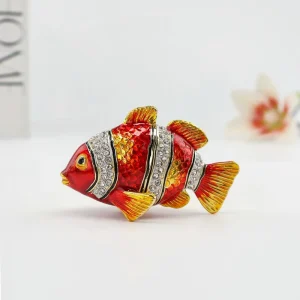Modern Gold-Plated Metal Enamel Clown Fish Jewelry Box with Rhinestone Inlay and Hand Painted Tropical Fish Figurine