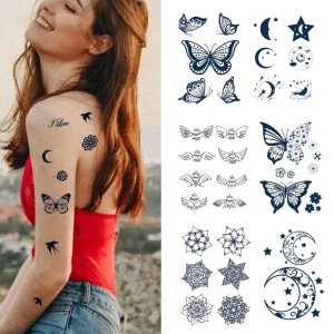 Moon Butterfly Flower Temporary Tattoo Sticker for Women Waterproof Semi-permanent Herbal Juice Makeup Black Body Art