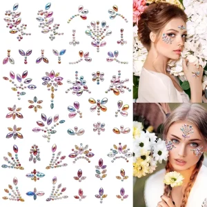 Multicolored Flower Butterfly Diamond Rhinestone Face Gems Removable Durable Gold Stamping Die-Cut Self-Adhesive Stickers