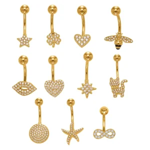 Mysterious Dazzling Full Zircon Heart Shaped Through Hole Bead Belly Button Ring Various Styles Gold Plated Piercing Jewelry