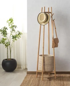 Natural Solid Wood Coat Rack with Cotton Storage Basket