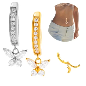 Navel Ring G23 Titanium Dangle Butterfly Zircon Paved Belly Chains Body Jewelry