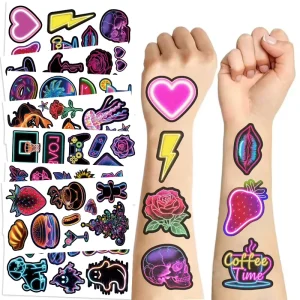 Neon Cool Temporary Tattoo Stickers for Kids Body Decor Glow in the Dark Sticker Party Gift