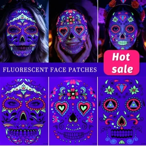 Neon UV Glow Face Tattoo Sticker Halloween Sugar Skull Skeleton Makeup for Music Festival Rave Party Waterproof Body Art Decal
