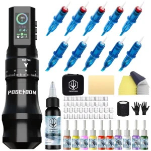 New Arrival Professional Rotary Aluminium Alloy Battery POSESOON Permanent Makeup Cartridge Tattoo Pen Set HM128 Tattoo Kit