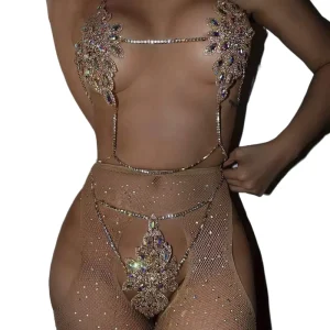 New DS High end Pattern Gold Plated Alloy Body Jewelry Luxury Nightclub Party Sexy Shiny Bikini Suit With Rhinestones