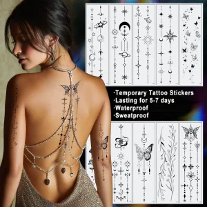 New Dark Butterfly Tattoo Stickers Advanced Bohemian Star Moon Flower Long Spine Water Transfer Printed Whole Body Decoration