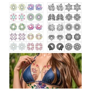 New Design Waterproof Black Flower Breast Nipple Temporary Tattoo Butterfly Sexy Body Art Chest Tattoos Stickers for Women