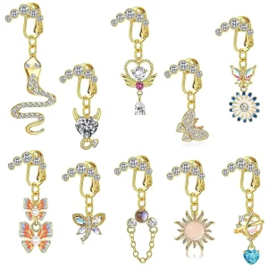 New Sexy Gold Plated Body Jewelry Belly Button Stud Chain with Butterfly 5 Drill Belly Button Clip Piercing Free Accessory