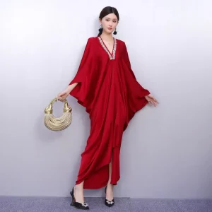 New Summer Beaded V-Neck Satin Maxi Dress French Chic Oversized Loose Royal Blue Modest Evening Party Gown