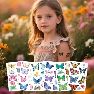 New Waterproof Butterfly Temporary Paper Tattoo Stickers for Kids Face Cute Watercolor Cartoon Flower Design Safe Body Art