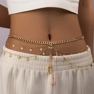 New Women’s 18K Gold Body Chains Tassel Seashell Charm Rhinestone Belly Chain Pearl Bikini Body Jewelry for Engagement