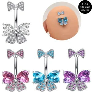 New Women’s Body Piercing Jewelry Zircon Bow Navel Ring Stainless Steel Rod Diamond Nail Titanium for Wedding Gift