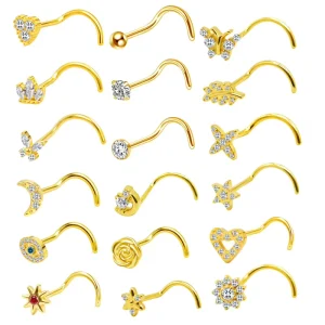 Nickel Free ASTM F136 Titanium Gold Nose Stud Piercing Jewelry Heart Butterfly Flower Designs