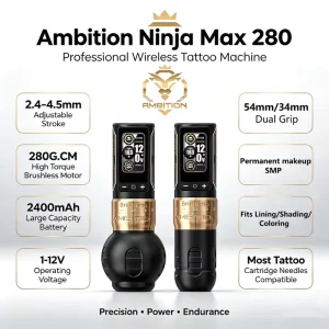 Ninja Max 280 2.4-4.5mm Adjustable Stroke Professional Wireless Tattoo Machine Pen Gun with 54mm/34mm Dual Grip