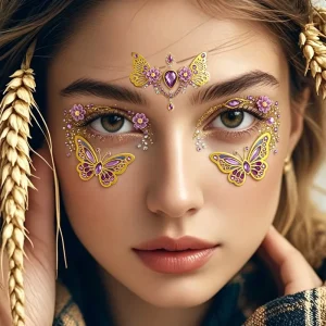 No Glue Butterfly Face Jewels Luxury Purple & Gold Shiny Diamonds Decor for Cosplay Concert and Fancy Dress