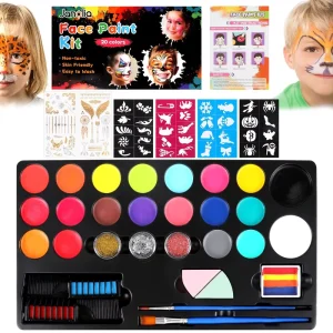 Non-Toxic Face Painting Kit for Kids with 20 Water-Based Colors Hair Chalk Quick-Dry Makeup for Sensitive Skin