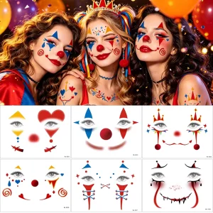 Non Toxic Temporary Tattoo Stickers Halloween Clown Face Bloody Stitched Waterproof Tattoos for Party Cosplay
