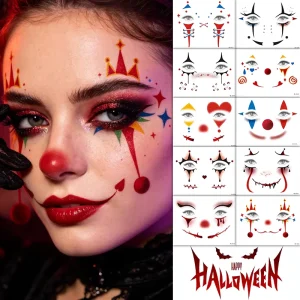 Non Toxic Temporary Tattoo Stickers Halloween Scary Clown Face Dripping Eye Red Nose Waterproof Tattoos for Cosplay Fun