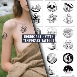 Nordic Minimalist Temporary Tattoos for Women and Girls Mountains Forest Whale Boho Waterproof Faux Tattoo Stickers