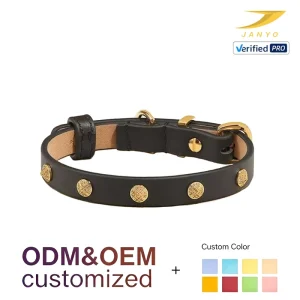 ODM OEM Custom PU Leather Pet Collar Fashion Golden Round Rivet Decor Soft Padded Dog Collar Adjustable Gold Hardware